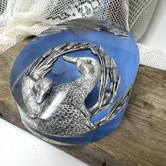 Vintage 3D Lucite Sculpture Duck Family Oval Paperweight Collectible Table Decor - Picture 3 of 10